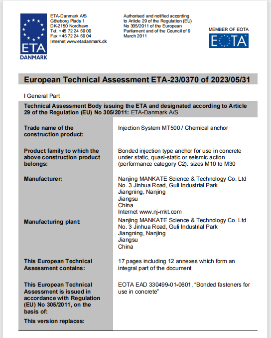 ETA Approval MT-500 Anchorage Adhesive Ultimate-performance epoxy mortar for rebar connections